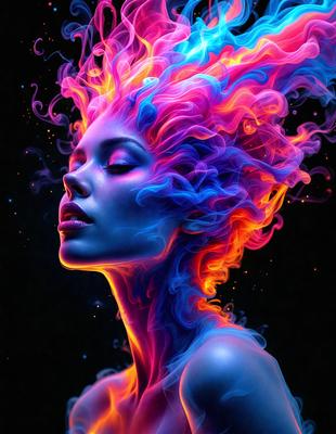 The primary subject of the image is a woman with a colorful, flowing mane. She is the main focus of the image, and her vibrant hair is the center of attention. The setting is a dark background, which contrasts with the woman's hair and adds a dramatic effect to the image. The visual style is a digital art or illustration, as the woman's hair is depicted in a colorful and flowing manner. The colors and mood of the image are lively and energetic